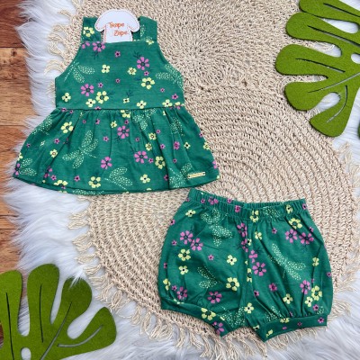  Conj. Regata e Short Floral com Libélulas - Verde 